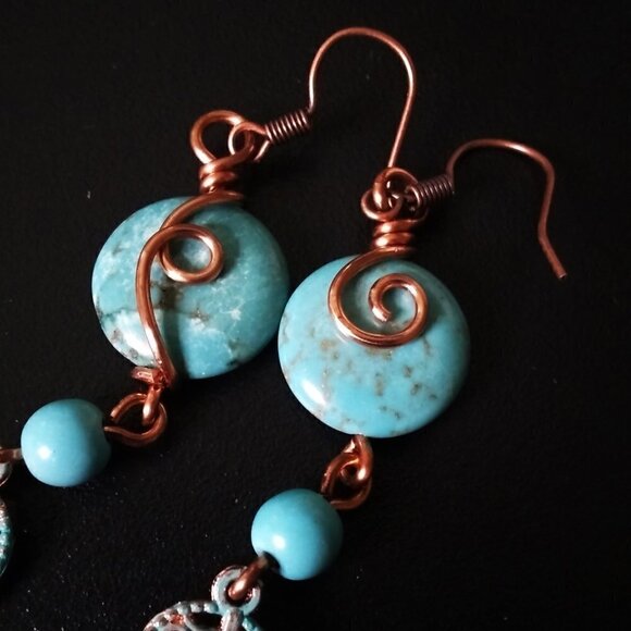Copper Leaf + Turquoise Howlite ~ Wire Wrapped Dangle Earrings ~ Boho ~ Coastal - Picture 5 of 7
